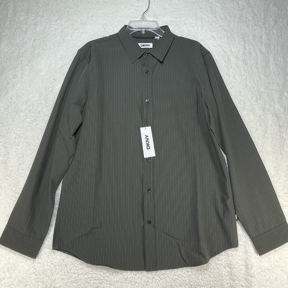 DKNY Shirt Mens Size L Large Green Stripe Long Sleeve Stretch UPF 30 NWT